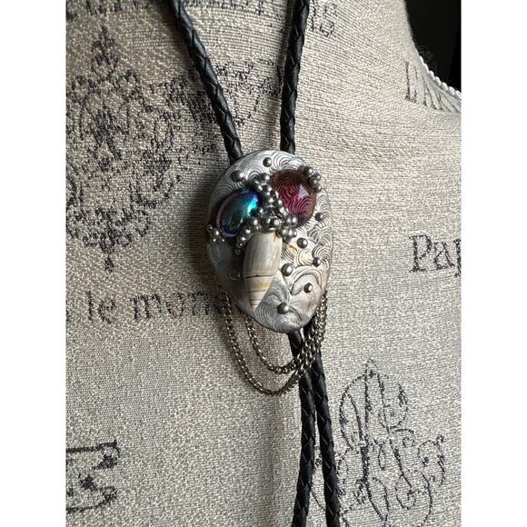 Burning Man Bolo Tie – Steampunk Shell & Crystal Mask Pendant